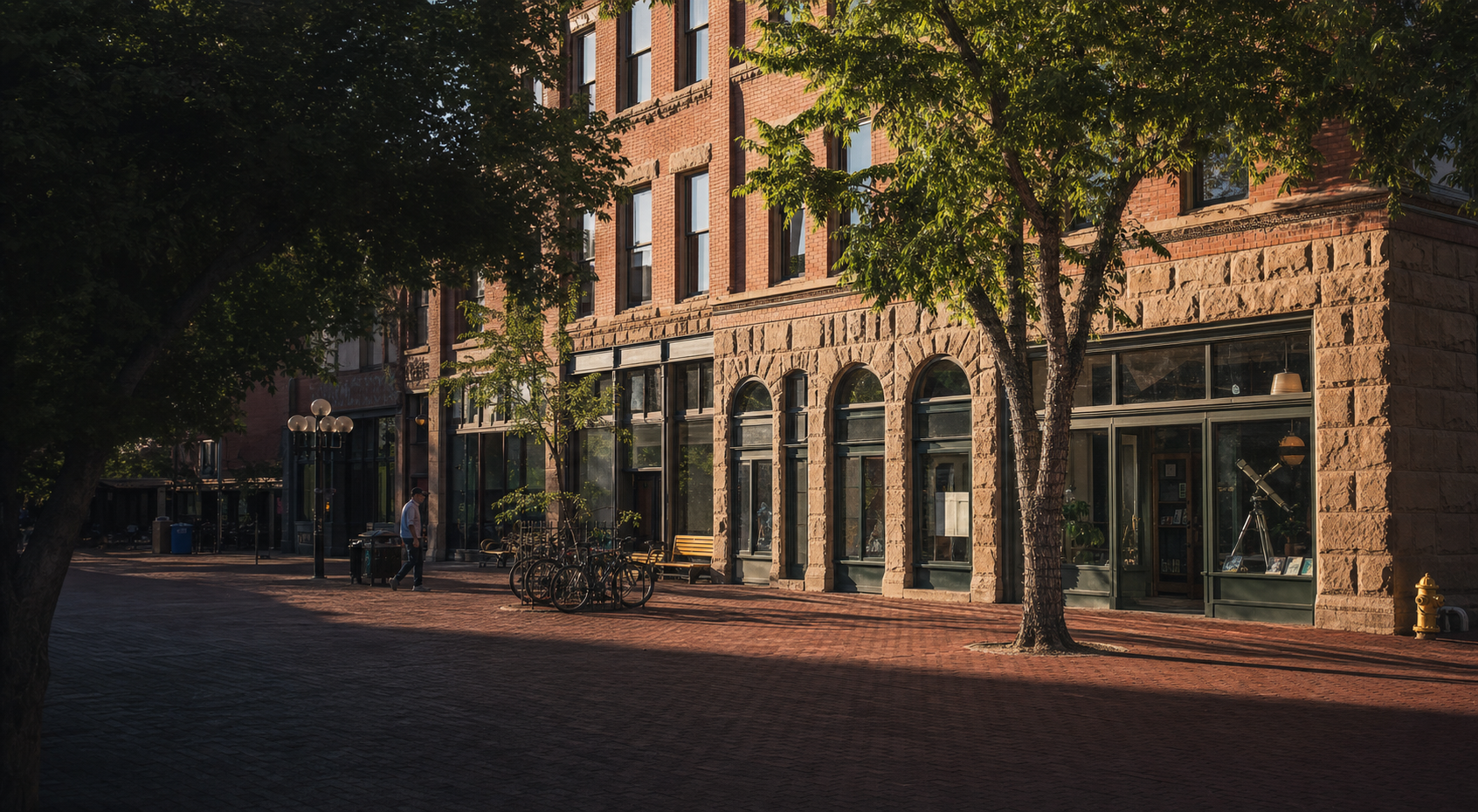 A brick and sandstone streetscape in downtown Boulder